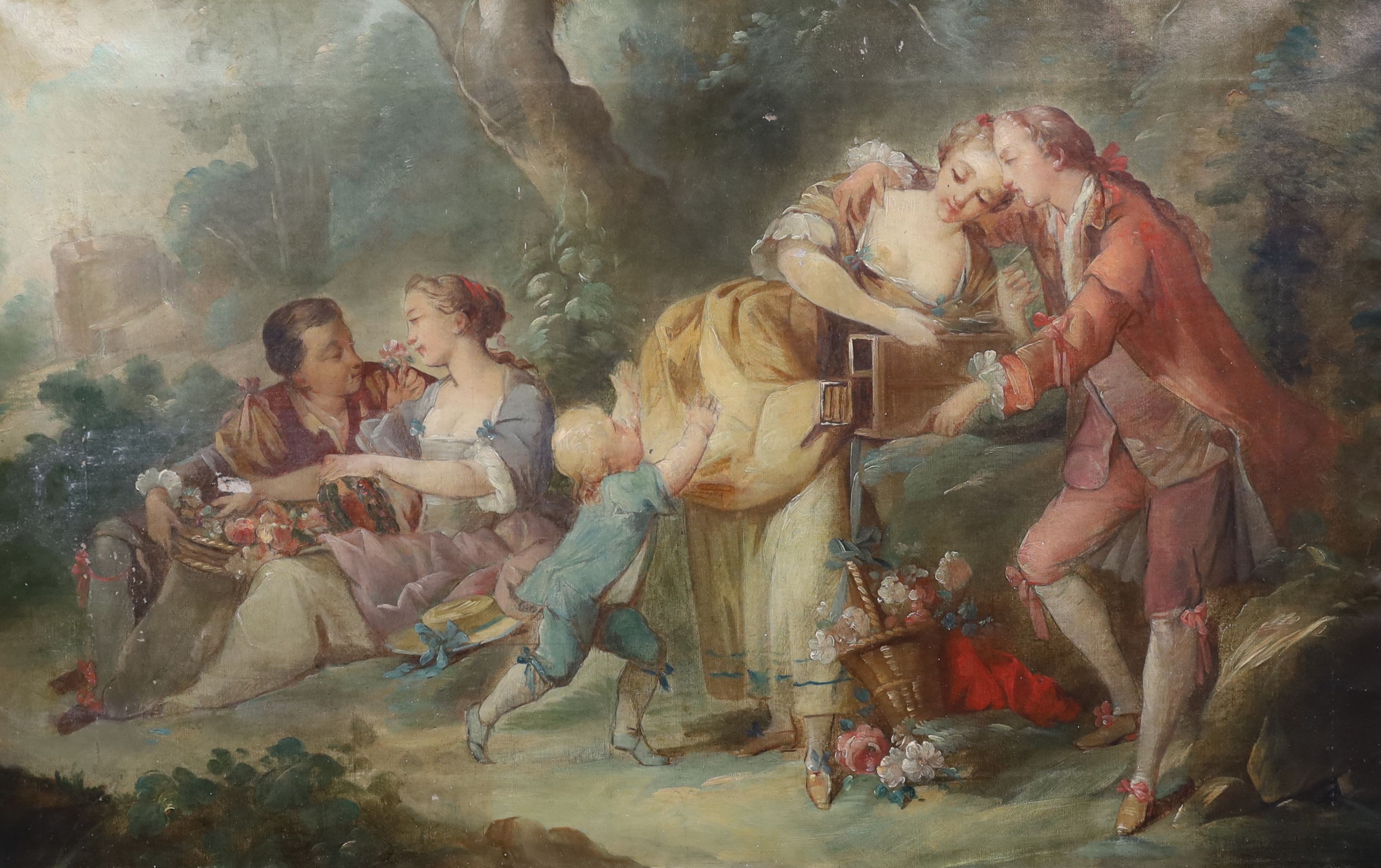 French School c.1900 , 18th century lovers in a garden, oil on canvas, 51 x 80cm, unframed